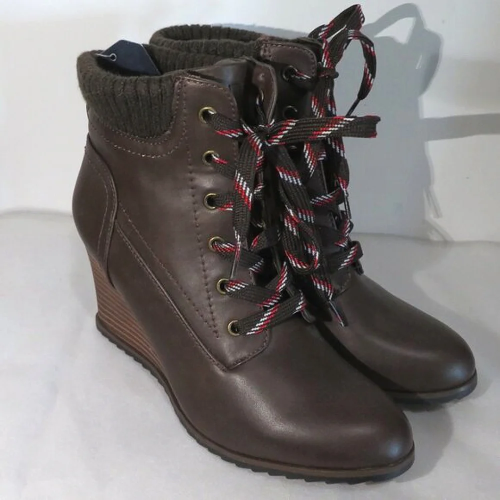 Nautica Espresso Brandt Lace-up Wedge Booties 7.5